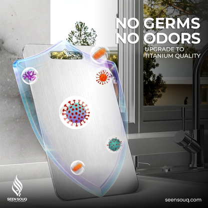 Product with germ and odor removal features displayed in a modern kitchen setting.